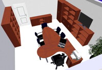 kancelária riaditeľa, ergo stôl s kontajnerom a rokovacím, stoličky, skrine